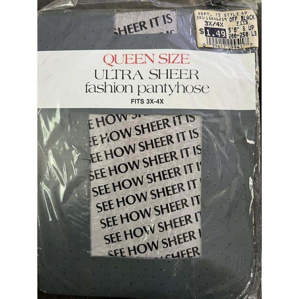 QUEEN SIZE Vintage Off Black Sheer Nylon PANTYHOSE - Size 3X-4X 5’8”, 250lbs NOS